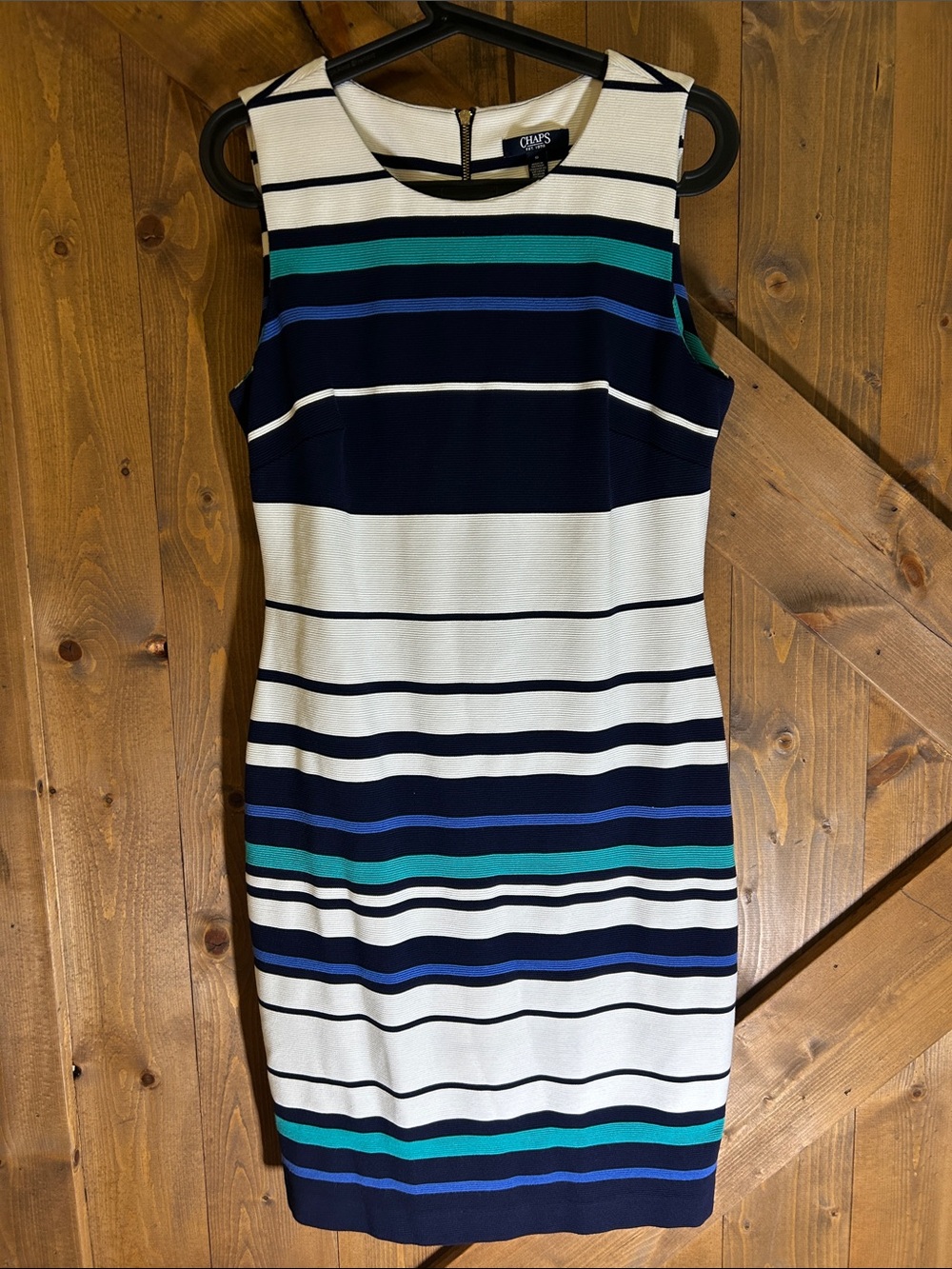 Chaps White Navy Teal Striped Sheath Dress